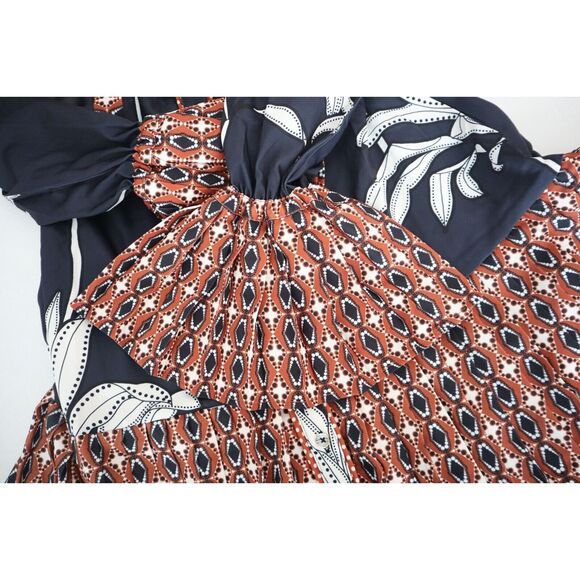 CIEBON Women's Sz S Black Multi Edda Pleated Tie Neck L/S Satin Mini Dress - Picture 6 of 8